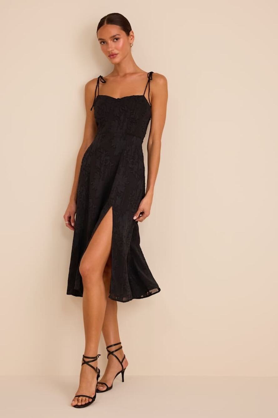 Lulus Loveliest Looks Black Floral Jacquard Tie-Strap Midi Dress Large NWT